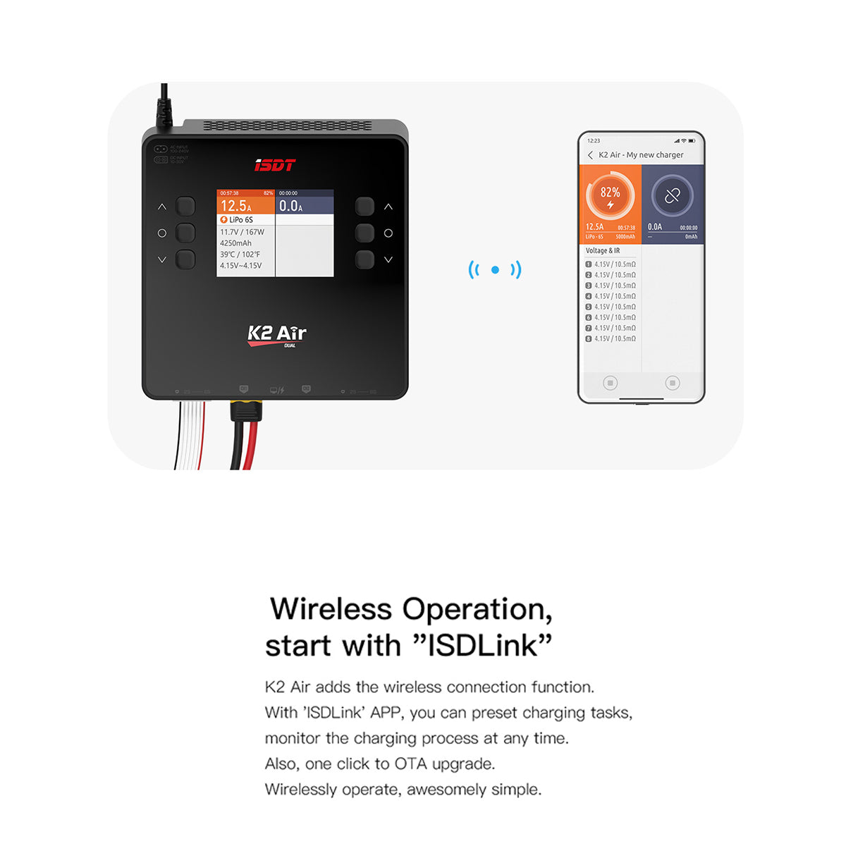 K2 Air Bluetooth Remote Control Lipo Charger,AC/DC 200W/500Wx2 20A