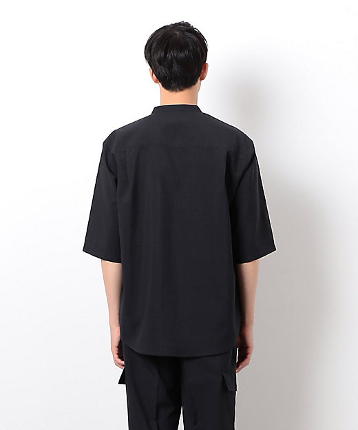 セットアップ対応】リネンライク ポリエステル バンドカラー 5分袖