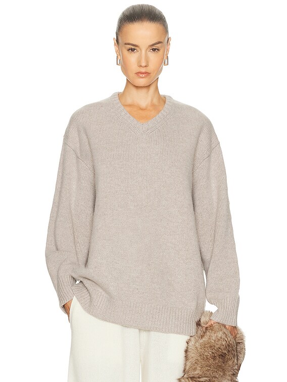 EAVES Zelia V-neck Sweater in Oatmeal | FWRD