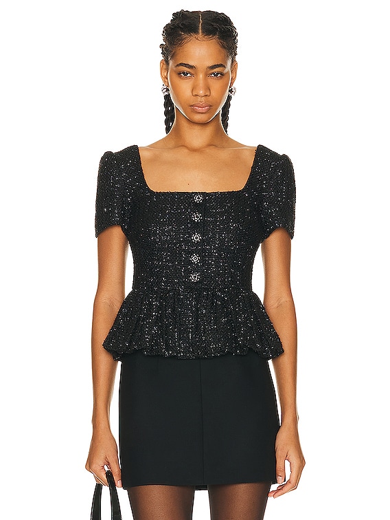 self-portrait Boucle Peplum Top in Black | FWRD