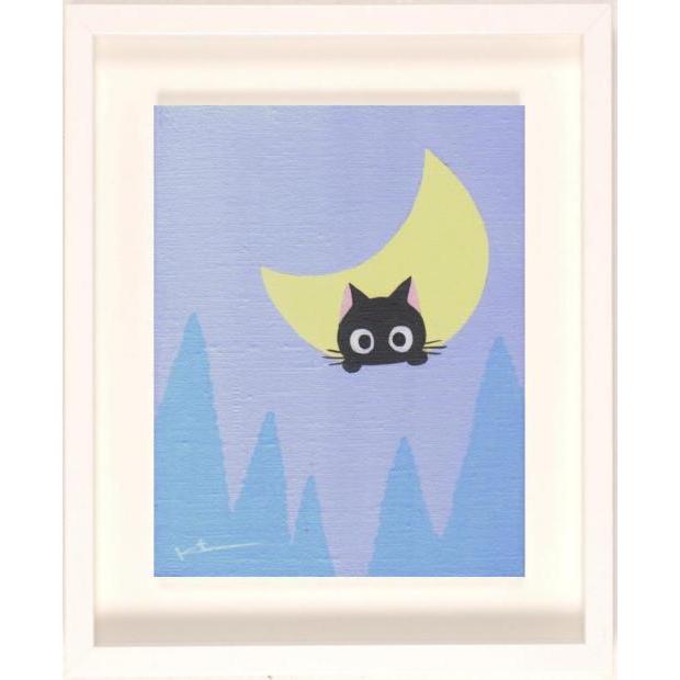 猫 絵画 黒猫 三日月 アクリルガッシュ 香月和夫 「月猫」 額付き