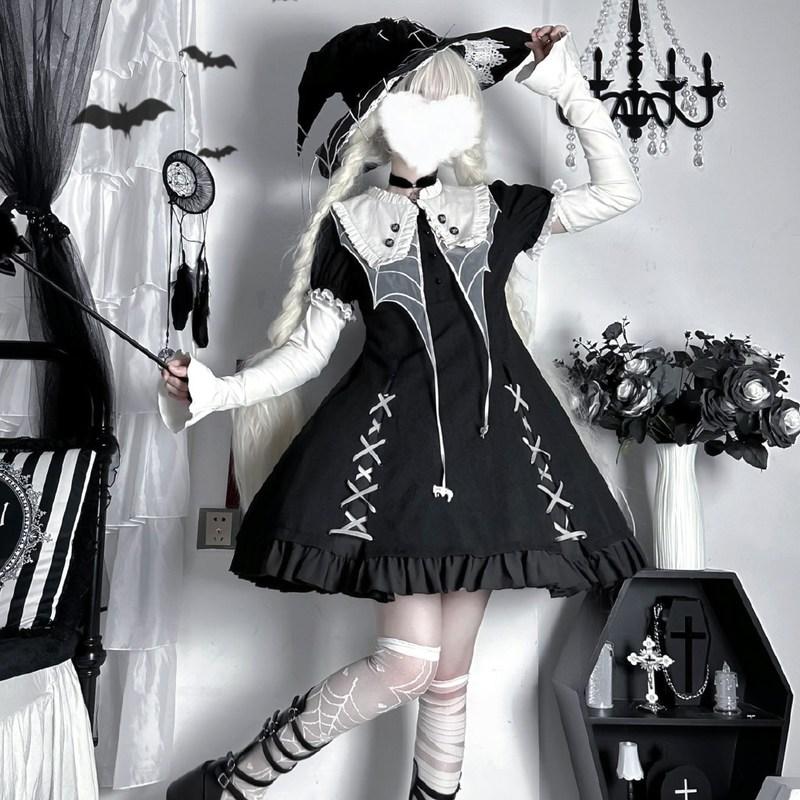 ゴスロリ ワンピース 半袖 長袖 2way 病みかわ クモ 魔女 暗黒 Lolita