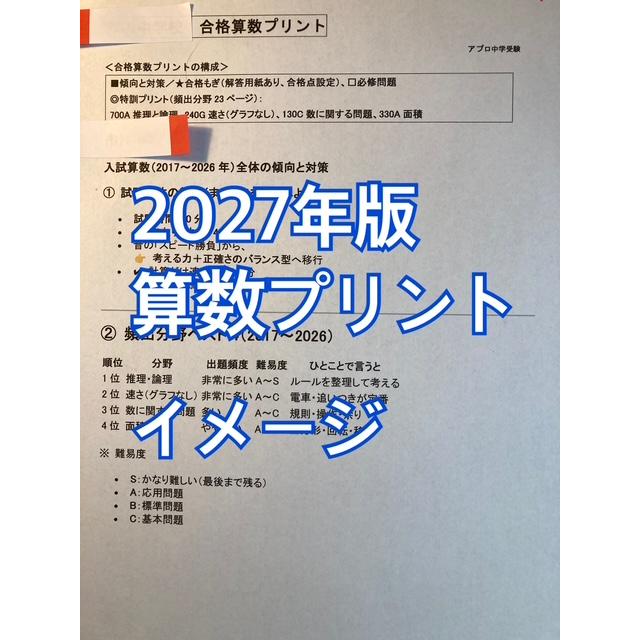 7月まで早割】PDF送信_浅野中学校 2027年合格算数プリント ☆2025年