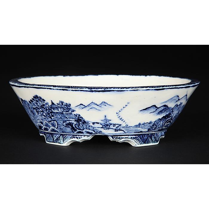 盆栽鉢 「紀伊染付山水図楕円鉢」 植木鉢 絵付鉢 作家鉢 磁器 呉須 共