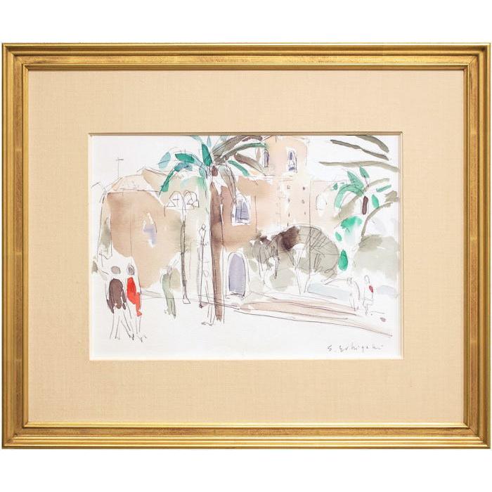 石垣定哉 「 アッシカステーロの広場 」 水彩画 絵画 洋画 肉筆 手書き