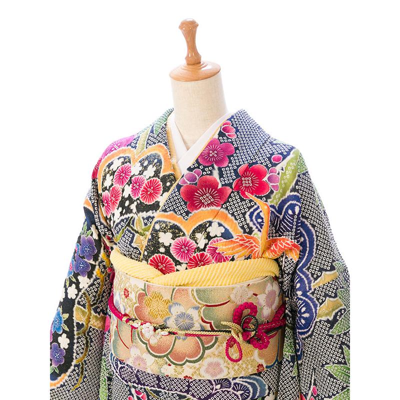 総絞り 正絹|160〜168cm|11〜15号|振袖フルセット(紺系)| 大きいサイズ