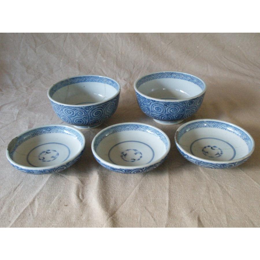 江戸時代 古伊万里 染付タコ唐草文茶碗セット13cm 大明年製 タコ唐草