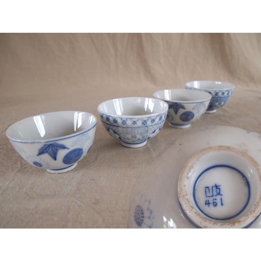 レア珍品 明治 大正時代 461番号入 印版手 染付小服茶碗8cm4客 湯呑