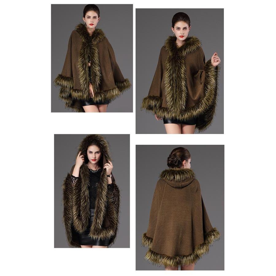 ケープショールコート カシミヤ フード付き フェイクファー ポンチョ