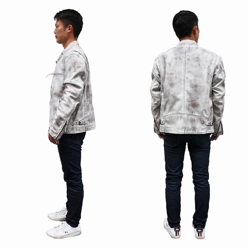 本革 ラムレザー】ホワイト シングルライダースジャケット メンズ