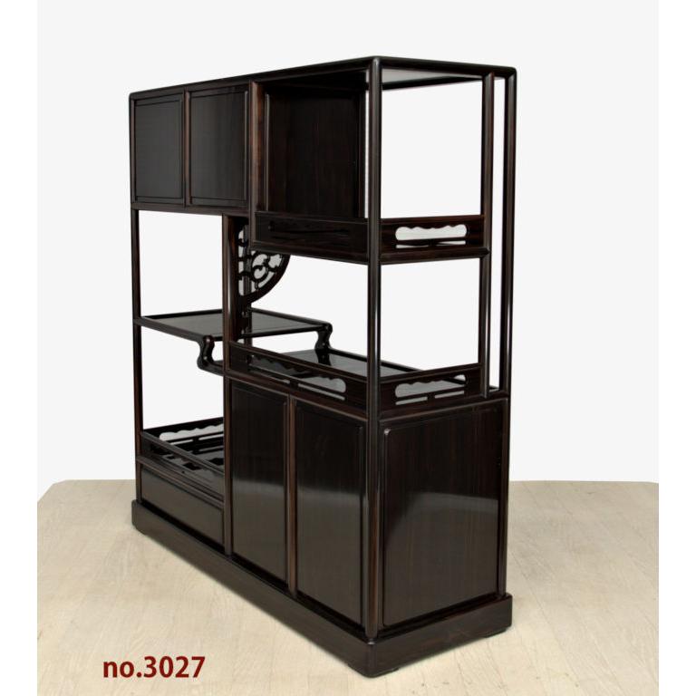 在庫新品 唐木 飾り棚 黒檀 彫り入り 隅丸4枚戸 巾93cm 唐木家具 no
