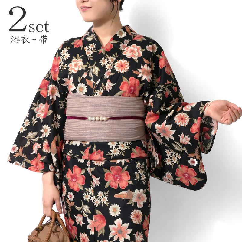 浴衣 2点セット ワニとボタニカル 黒 赤 花柄 しわ兵児帯 ラメ 個性的