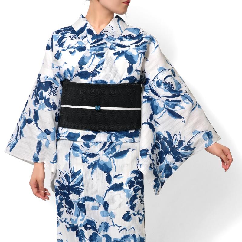 浴衣 美術サロン 藍捺染 牡丹 白 藍 紺 知多木綿 レディース 上品 女性