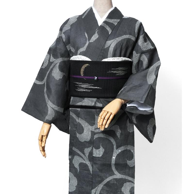 着物 単衣 近江ちぢみ 長板染め 唐草 黒 グレー ピンク レディース