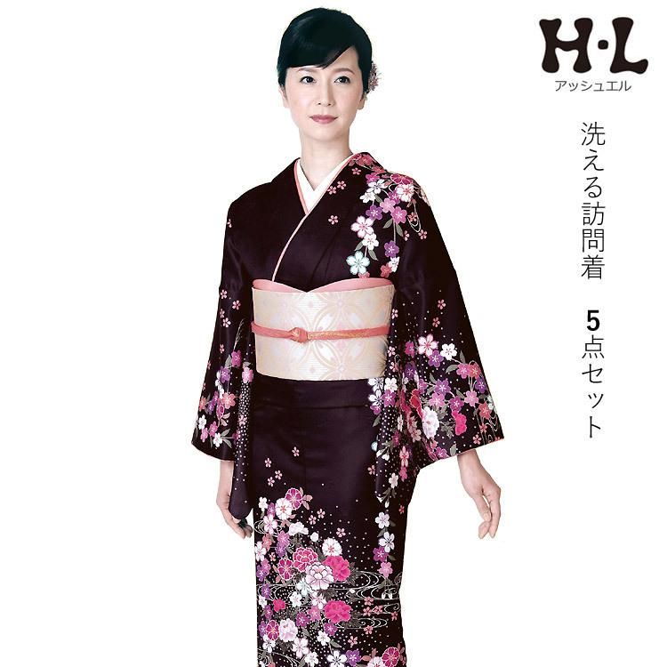 H.L（アッシュ・エル） 訪問着 5点セット 洗える 濃赤紫地 桜尽くし柄