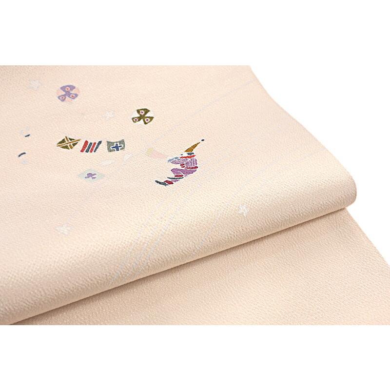 名古屋帯 九寸 正絹 浜ちりめん 銀河 クリーム色 肌色 ピンク ピエロ