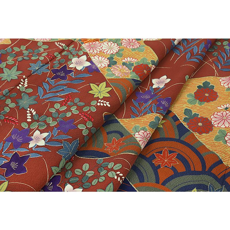 訪問着 花井幸子 赤茶 花 桜 桔梗 菊 紅葉 菱 青海波 波 萩 秋草 着物