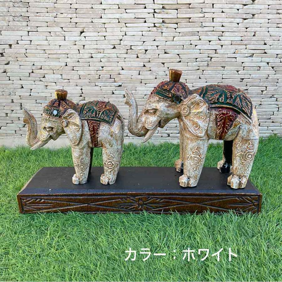 象の置物 2連 木彫りの象 W40cm 2色 金 白 象 ゾウのオブジェ 木製