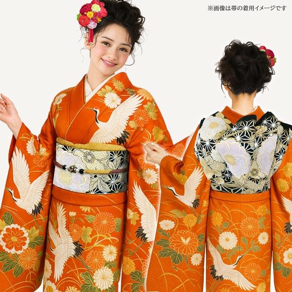 袋帯 西陣織 仕立て付 成人式 振袖 fo-048 黒 ブラック 金 ゴールド