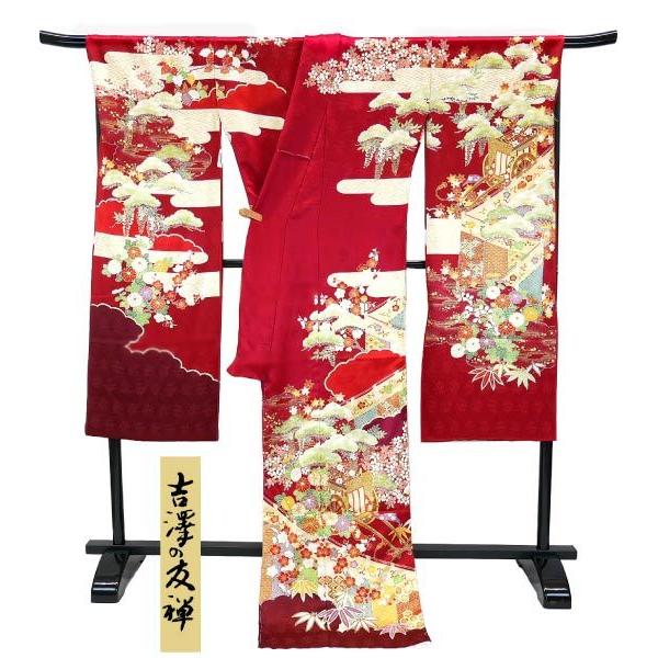 決算セール 吉澤友禅 新品正絹振袖 手縫い仕立付き 吾妻徳穂 赤 御所車