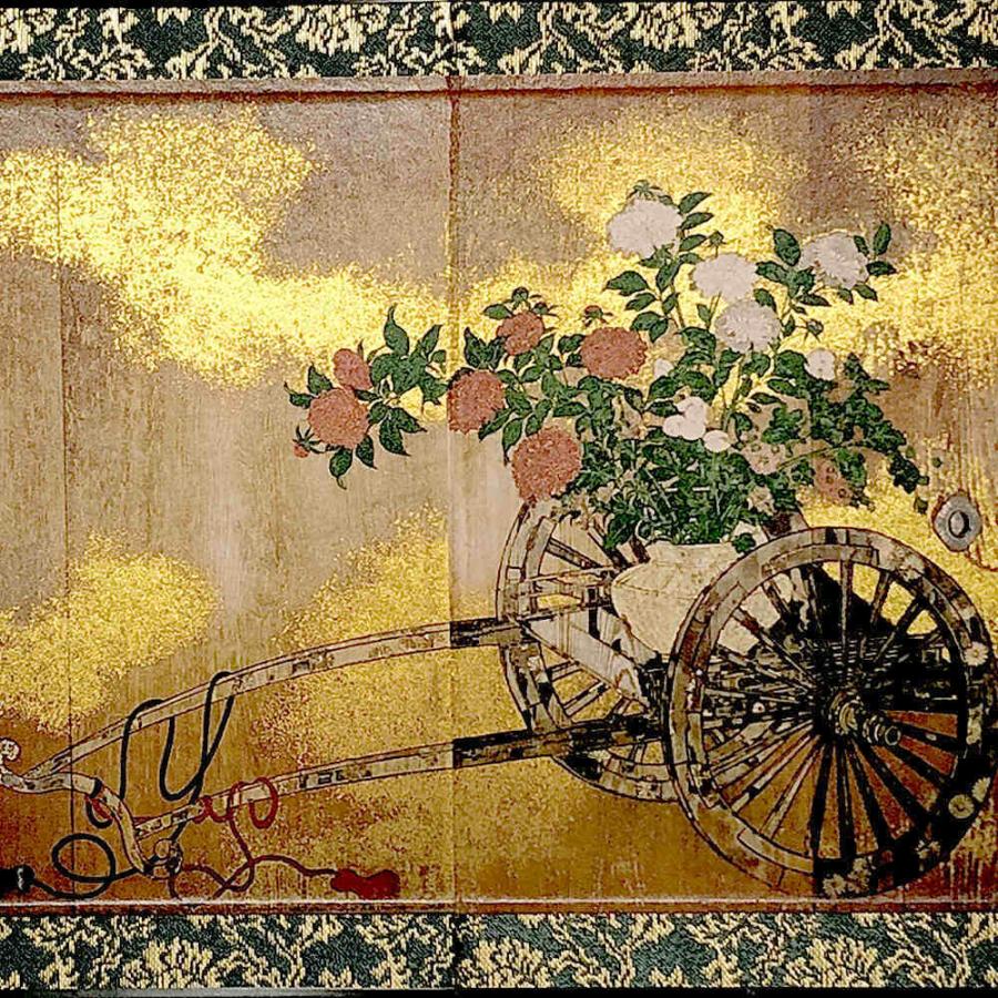 日本画 屏風 草花 金箔 160cm x 90cm 日本画 屏風 草花 金箔 160cm x