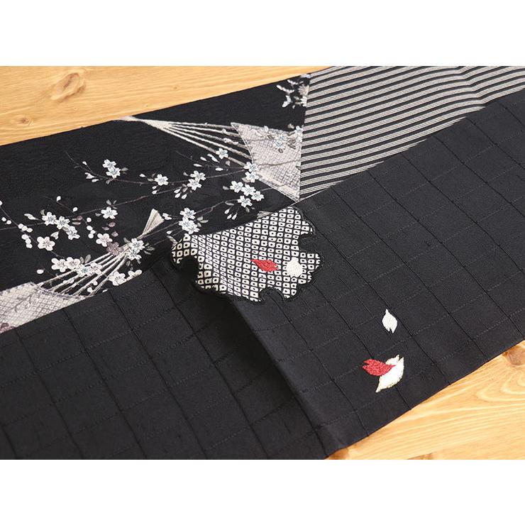 帯 半幅帯 正絹 細帯 嵐山よしむら 雪輪に花びら刺繍 黒 創作 パッチ