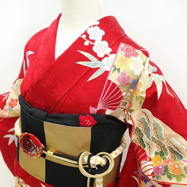 振袖 着物 金駒刺繍 赤 四季の花 扇 古典柄 成人式 二十歳 20歳 結婚