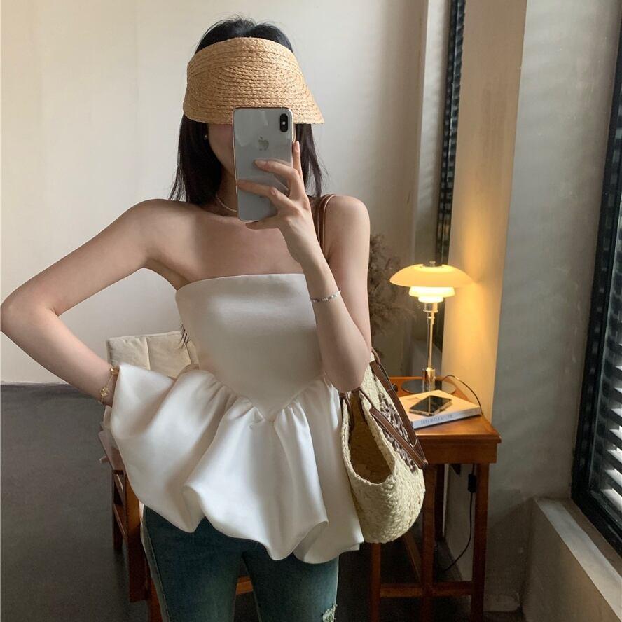 2color レディース トップス ビスチェ ペプラム ベアトップ 切り替え