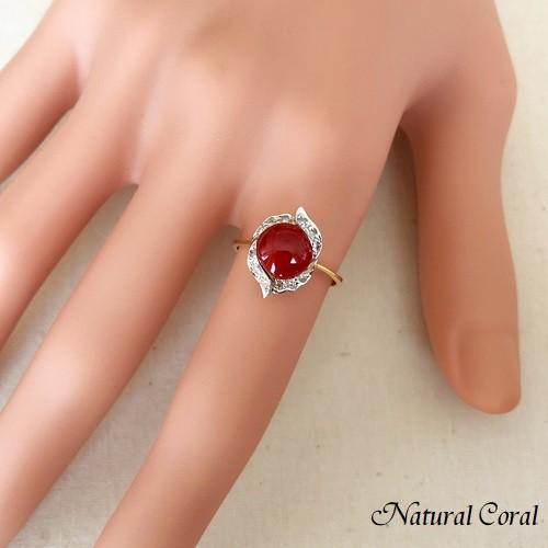 血赤珊瑚 ちあかさんご サンゴ リング K18 WG ダイヤ 送料無料