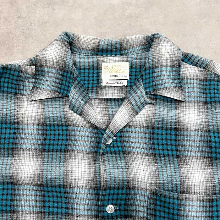 50'S GOLDEN WALDORF Rayon Ombre Check Open Collar Box Long Sleeve