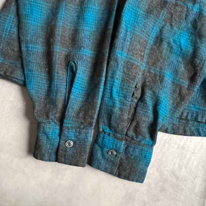 60'S VAN HEUSEN Wool Ombre Check Open Collar Box Shirts BLUE/S 60