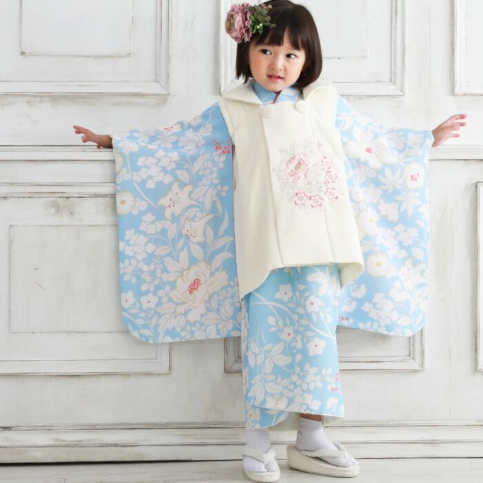七五三 着物 3歳 レンタル 女の子 被布着物10点セット「水色地に白の花