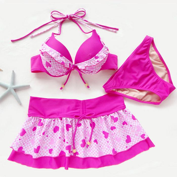 在庫一掃 水着 レディース ハート柄 ドット ミニスカート付き 3点