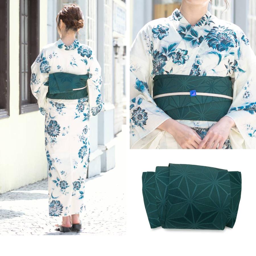 浴衣 3点セット（浴衣/半幅帯/下駄） 白 ホワイト 青 ブルー 花更紗 花