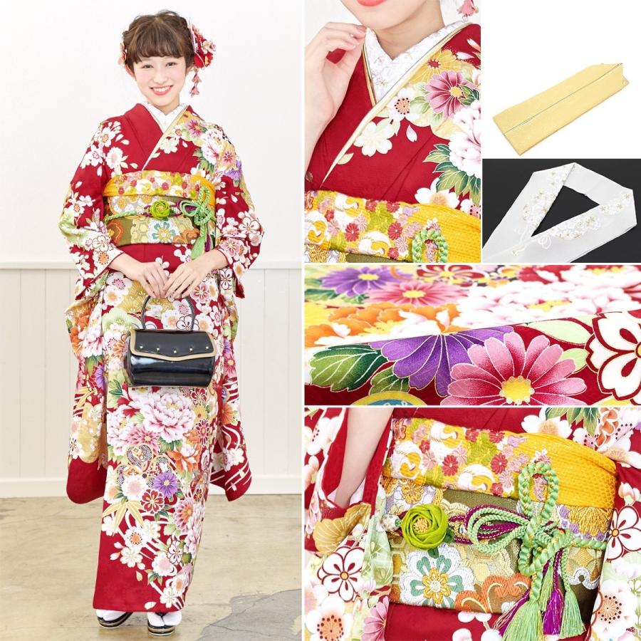 振袖セット 赤系 波 雲取り 桜 牡丹 菊 花 絵羽柄 絹 西陣織 パール