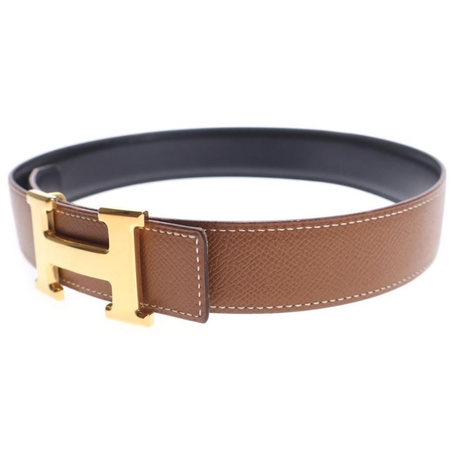 HERMES（エルメス） Hベルト ブラウン×ブラック ゴールド レザー