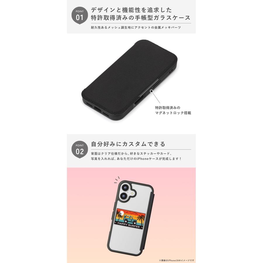 Premium Style iPhone16 ケース 手帳型 カバー ブラック クリア 黒