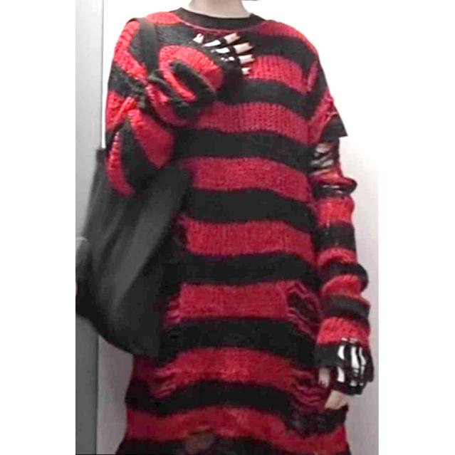赤黒ボーダー ゴシックロック グランジ ニット ダメージ入り メンズ