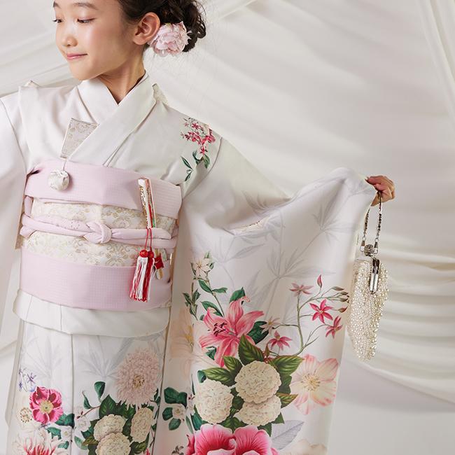 七五三 着物 7歳 女の子 レンタル ナチュラル いちは 白 ピンク ブーケ