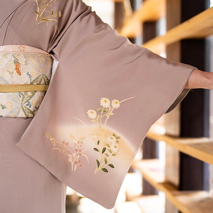 レンタル フルセット 高級正絹 訪問着 HO-MI220 茶鼠色 菊・萩・桔梗