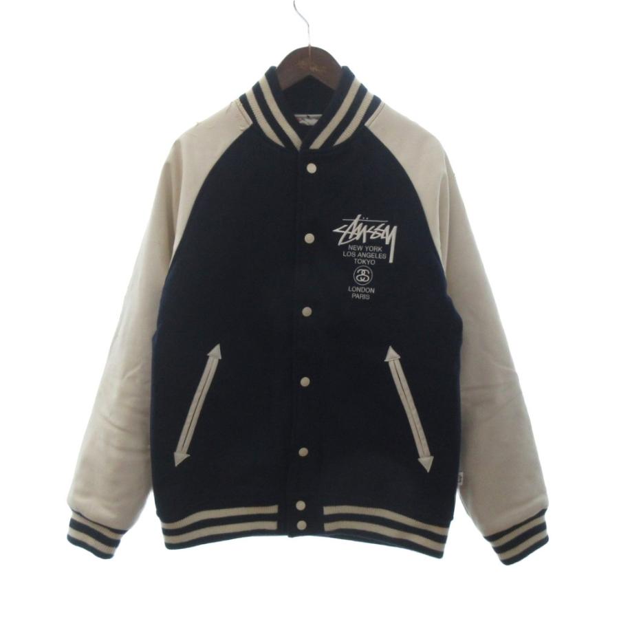 STUSSY（ステューシー） スタジャン ブルゾン 刺繍 ロゴ ウール 紺 白