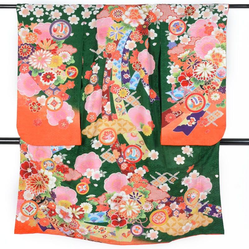 七五三 7歳着物 レンタル フルセット 緑 熨斗に花車 女の子 七歳 753