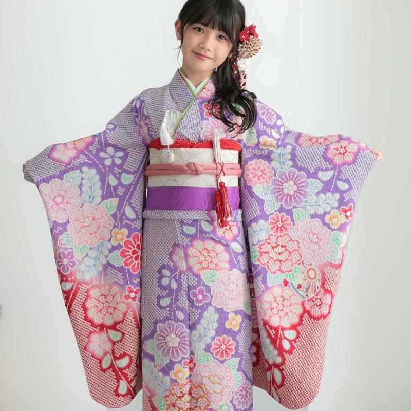 七五三 7歳着物 レンタル フルセット 紫 総絞り花々 女の子 七歳 753