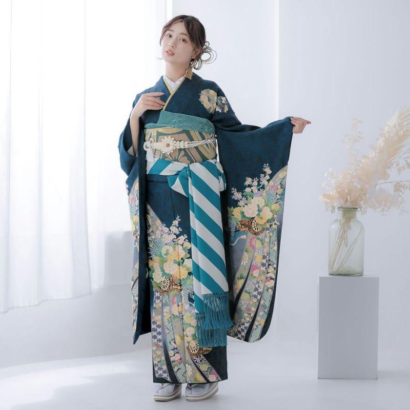 振袖 レンタル 成人式 結婚式 青緑 熨斗に花車(絹)(宅)12月〜1月利用