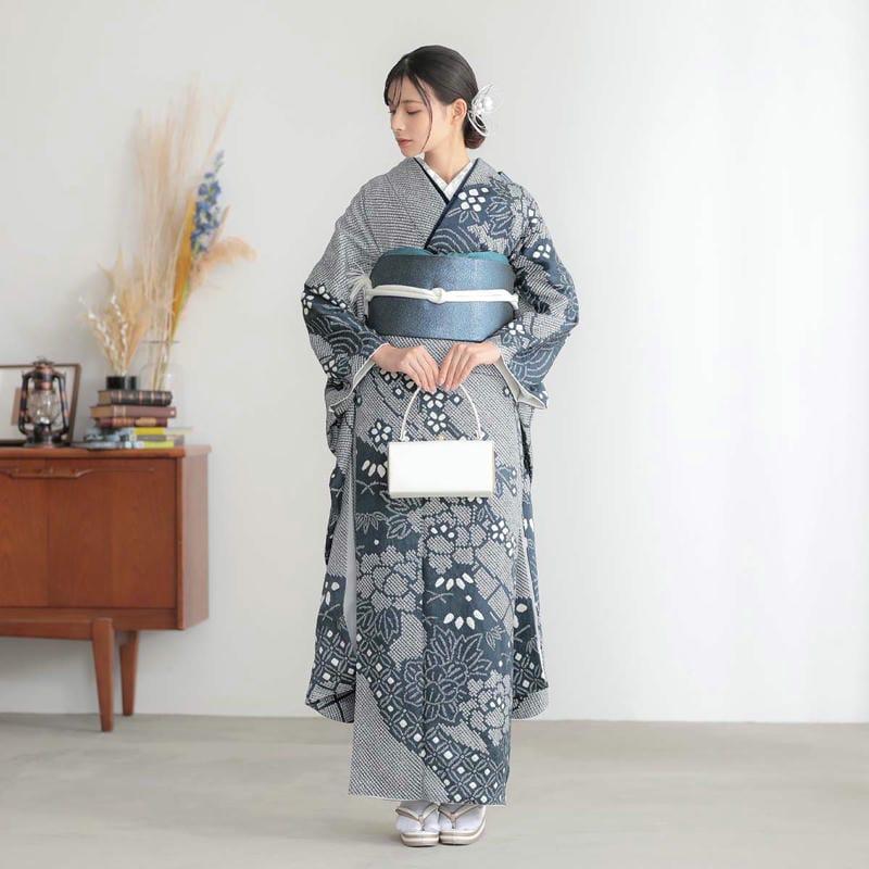 振袖 レンタル 成人式 結婚式 総絞り 紺ねず 牡丹に枝垂れ桜12月〜1月