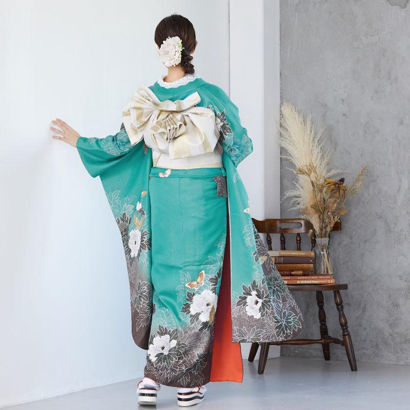振袖 レンタル 成人式 結婚式 ラメグリーン 牡丹に蝶(絹) 一点物