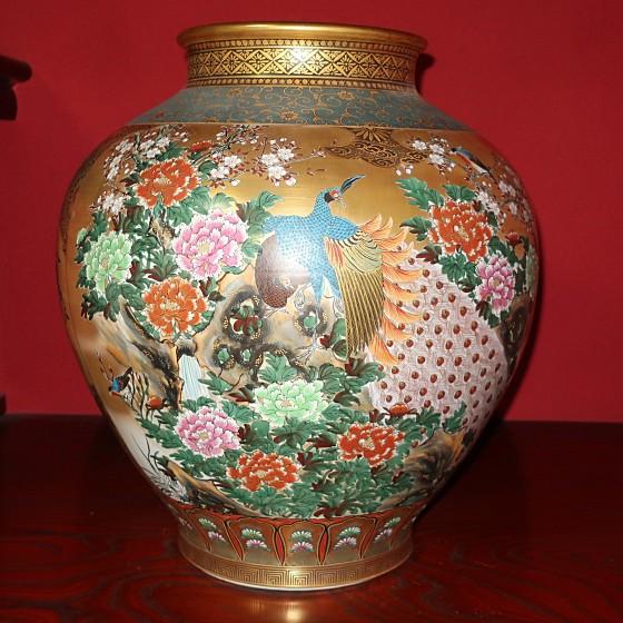 九谷焼 【故物】花瓶 陶器 特大台付花瓶（24号高さ74cm)）本金割取 七