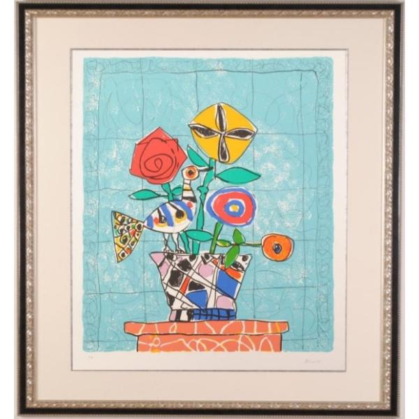 花 絵画 鳥 静物画 版画 リトグラフ ポール・アイズピリ 「空色の背景