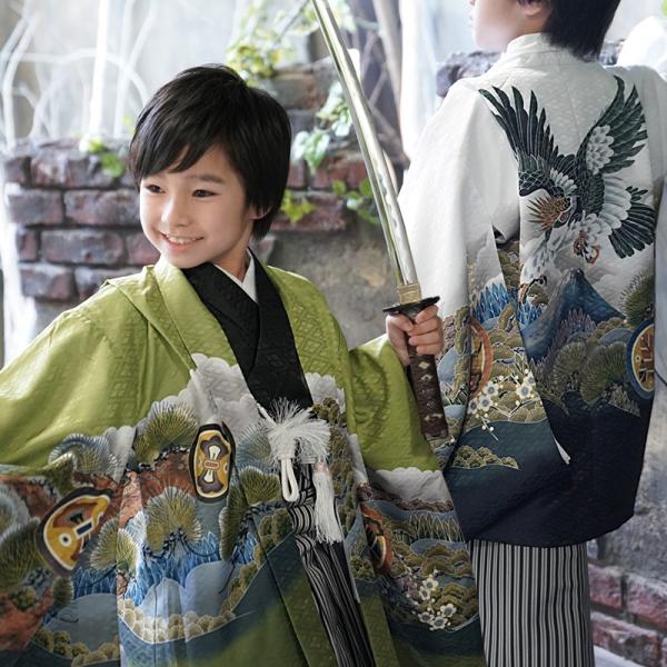 七五三羽織袴セット＊男の子5歳 亀甲に花菱 白黒茶色 着物 化繊 9RC13