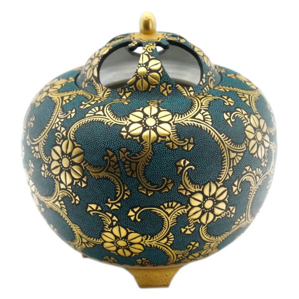 九谷焼 仲田錦玉（二代目）九谷焼香炉 渦打青粒鉄仙二重唐草 : 北山堂